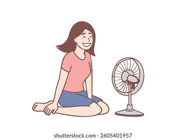 Young smiling woman sitting on floor catching enjoying cool wind from fan. Hand drawn style vector design illustrations.