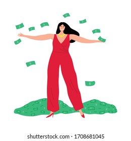 Young smiling woman standing and catching falling money vector illustration