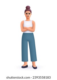 Young smiling woman standing with crossed arms pose and with sunglasses. 3d vector people character illustration. Cartoon minimal style.