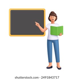 Young smiling woman standing in front of a blackboard and holding book, pointing showing on board. Education concept. 3d vector people character illustration. Cartoon minimal style.