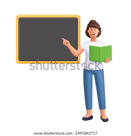 Young smiling woman standing in front of a blackboard and holding book, pointing showing on board. Education concept. 3d vector people character illustration. Cartoon minimal style.