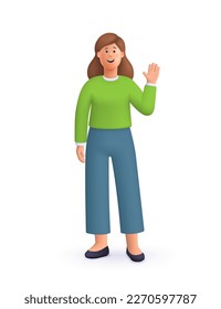 Young smiling woman standing with greeting gesture, saying Hello, Hi or Bye and waving with hand.. 3d vector people character illustration. Cartoon minimal style.