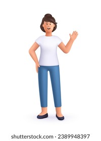 Young smiling woman standing with greeting gesture and with hands on her hips. 3d vector people character illustration. Cartoon minimal style.