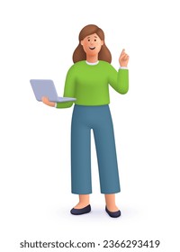 Young smiling woman standing, holding and using laptop computer . 
Computer technology concept. 3d vector people character illustration.
Cartoon minimal style.