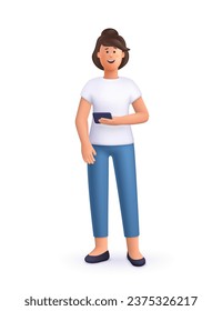 Young smiling woman standing and holding smartphone. 3d vector people character illustration. Cartoon minimal style.