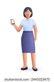 Young smiling woman standing , holding and showing smartphone display. 3d vector people character illustration. Cartoon minimal style.