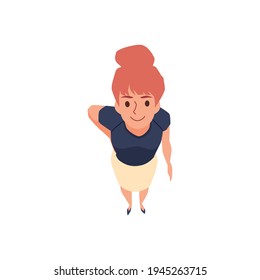 Young smiling woman standing looking up, flat vector illustration isolated.