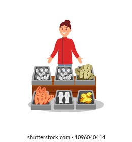 Young smiling woman standing near stand with fresh fish at local market. Street seafood shop. Flat vector design