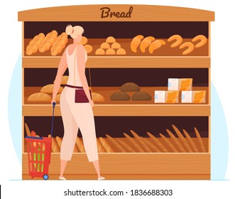 Young smiling woman standing near supermarket shelves with food groceries. Flat isolated vector illustration on white background.