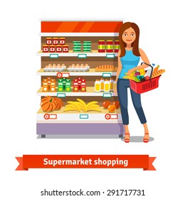 Young smiling woman standing near supermarket shelves with food groceries. Flat isolated vector illustration on white background.