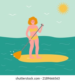 Young smiling woman standing up on paddle board, surfing in ocean or sea, vector