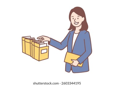  Young smiling woman standing pointing at files going from one file holder to another.  Hand drawn style vector design illustrations.
