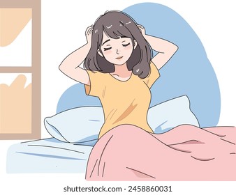 Young smiling woman stretching out in bed feeling fresh and relaxed. Happy waking up, health sleep and starting a great day concept. Vector illustration, cartoon style