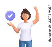 Young smiling woman and successful check mark close up button. Task completion, complete business assignments, time management concept. 3d vector people character illustration. Cartoon minimal style.