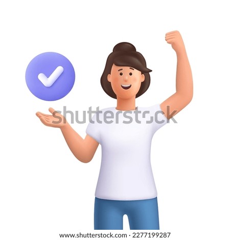 Young smiling woman and successful check mark close up button. Task completion, complete business assignments, time management concept. 3d vector people character illustration. Cartoon minimal style.