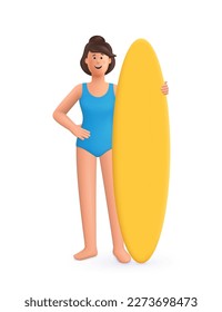 Young smiling woman in swimsuit with surfing board. Summer sports concept. 3d vector people character illustration. Cartoon minimal style.
