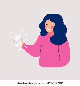 Young smiling woman taking selfie photo on smartphone.  Vector cartoon illustration of phone conversation