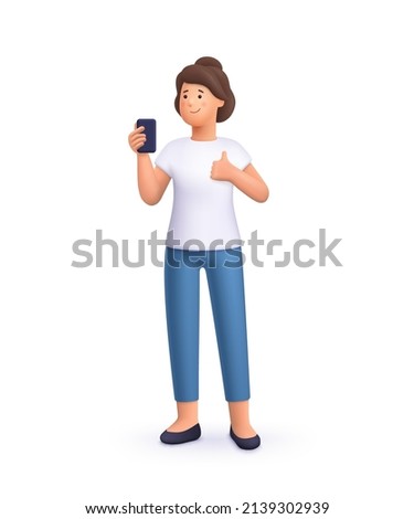 Young smiling woman taking selfie with phone and making thumbs up gesture sign. 3d vector people character illustration. Cartoon minimal style.