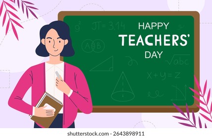 Jovem professora sorridente com giz em suas mãos fica no quadro-negro com a inscrição Feliz Dia do Professor. Ilustração vetorial
