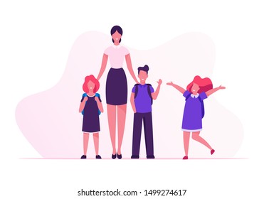 Young Smiling Woman Teacher and Group of Kids Stand in Row in Classroom. Elementary School Class, Preschool Studying. Happy Smiley Children Back to School Concept Cartoon Flat Vector Illustration