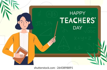 Una joven profesora sonriente con un puntero en las manos se para en la pizarra con la inscripción Feliz Día del Maestro. Ilustración vectorial.