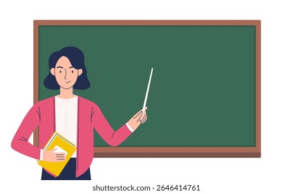 Joven profesora sonriente con un puntero en las manos se para en la pizarra. Ilustración vectorial