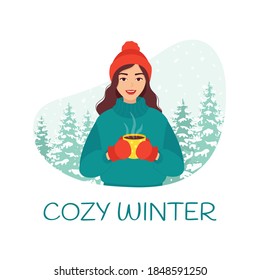 Young smiling woman in a warm sweater and hat holds a mug of tea in her hand against the background of a snowy forest. Concept of a cozy winter, travel in the cold season. Isolated vector illustration