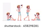 Young smiling woman wearing leisure summer fit, trendy stripe print, beach shoes, sitting with tablet, phone talking, making selfie. Vector flat style cartoon illustration, isolated, white background