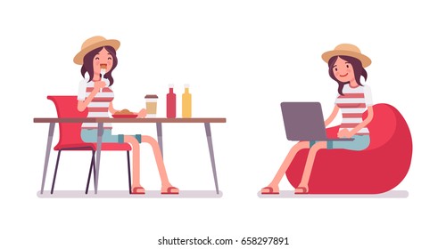 Young smiling woman wearing leisure summer fit, trendy stripe print, beach shoes, sitting, eating, working with laptop on bean bag. Vector flat style cartoon illustration, isolated, white background