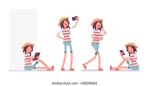 Young smiling woman wearing leisure summer fit, trendy stripe print, beach shoes, sitting with tablet, phone talking, making selfie. Vector flat style cartoon illustration, isolated, white background