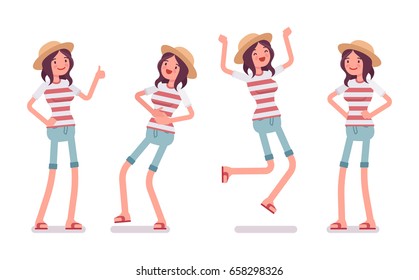 Young smiling woman wearing leisure summer fit, trendy stripe print, beach shoes, feeling good, jumping with joy, positive emotions. Vector flat style cartoon illustration, isolated, white background