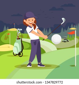 Young Smiling Woman Wearing Sport Uniform and Cap Shooting Ball with Golf Club at Night Time. Girl Playing at Course with Green Grass, Flags, Cart and Equipment. Cartoon Flat Vector Illustration.