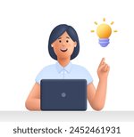 Young smiling woman working on the laptop computer and pointing finger up to bulb. Creativity innovation and business idea concept. 3d vector people character illustration. Cartoon minimal style.