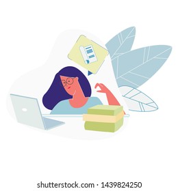 Young Smiling Woman Working on Laptop Searching Document in Data Base, Office Employee, Student, Teacher Character Research on Computer. Girl Using Technology for Job, Cartoon Flat Vector Illustration