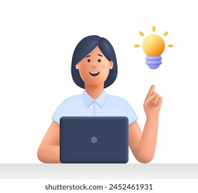Young smiling woman working on the laptop computer and pointing finger up to bulb. Creativity innovation and business idea concept. 3d vector people character illustration. Cartoon minimal style.