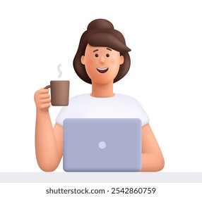 Jovem mulher sorridente trabalhando em laptop com xícara de café nas mãos. conceito de Freelance, educação on-line ou mídia social. personagem de pessoas vetoriais 3d. Estilo mínimo de desenho animado.