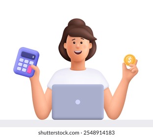 Mujer sonriente joven que trabaja en el ordenador portátil que sostiene la calculadora y la moneda del dólar. Concepto de planificación empresarial, financiera, contable, fiscal y presupuestaria. Personaje de personas de Vector 3D. Estilo minimalista de dibujos animados.