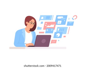 Young smiling woman working at table on laptop. Multitasking. Freelance worker managing SMM strategy processes