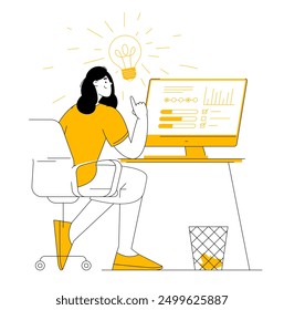 Young smiling woman working at the workplace pointing finger up to bulb. Concept of finding brilliant ideas. Cartoon minimalist flat style vector illustration.