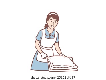   Young smiling women working as housemaid making bed and cleaning hotels and apartments. Hand drawn style vector design illustrations.