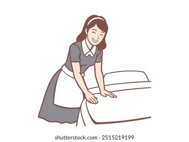   Young smiling women working as housemaid making bed and cleaning hotels and apartments. Hand drawn style vector design illustrations.