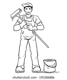 The young smiling worker in blue overalls holds the paint roller in hand. Vector cartoon.