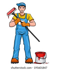 The young smiling worker in blue overalls holds the paint roller in hand. Vector cartoon. 