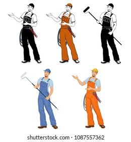 young smiling worker in overalls.Set of four illustrations