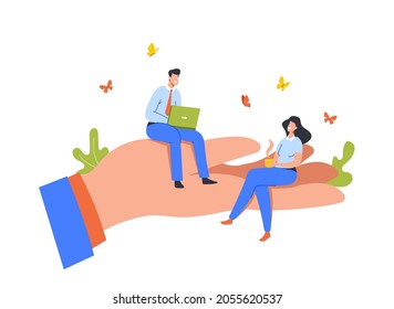 Young Smiling Workers Characters Enjoying Work Process Sit on Huge Palm. Care for Personnel, Employee Benefits, Comfortable Workplace and Company Insurance Concept. Cartoon People Vector Illustration