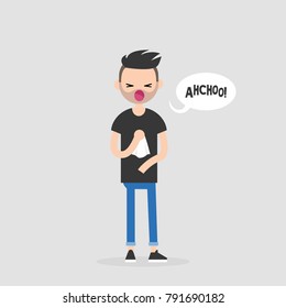 Young sneezing character. Allergy or cold. Healthcare. Flat editable vector illustration, clip art