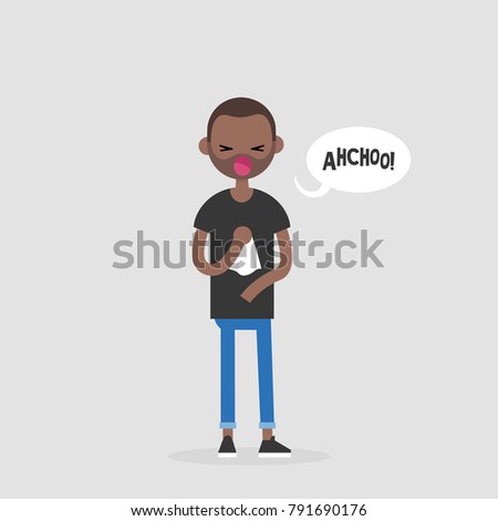 Young sneezing character. Allergy or cold. Healthcare. Flat editable vector illustration, clip art