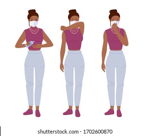 Young sneezing masked girl student cartoon. Protection from coronavirus. Use an sanitizer Stop covid 19. Coronavirus prevention concept. Isolated on white vector illustration