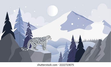 Young snow leopard in the snowy mountain