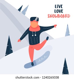 Young snowboarder dressed in winter clothing. Mountain sports activity. Greeting card live love snowboard